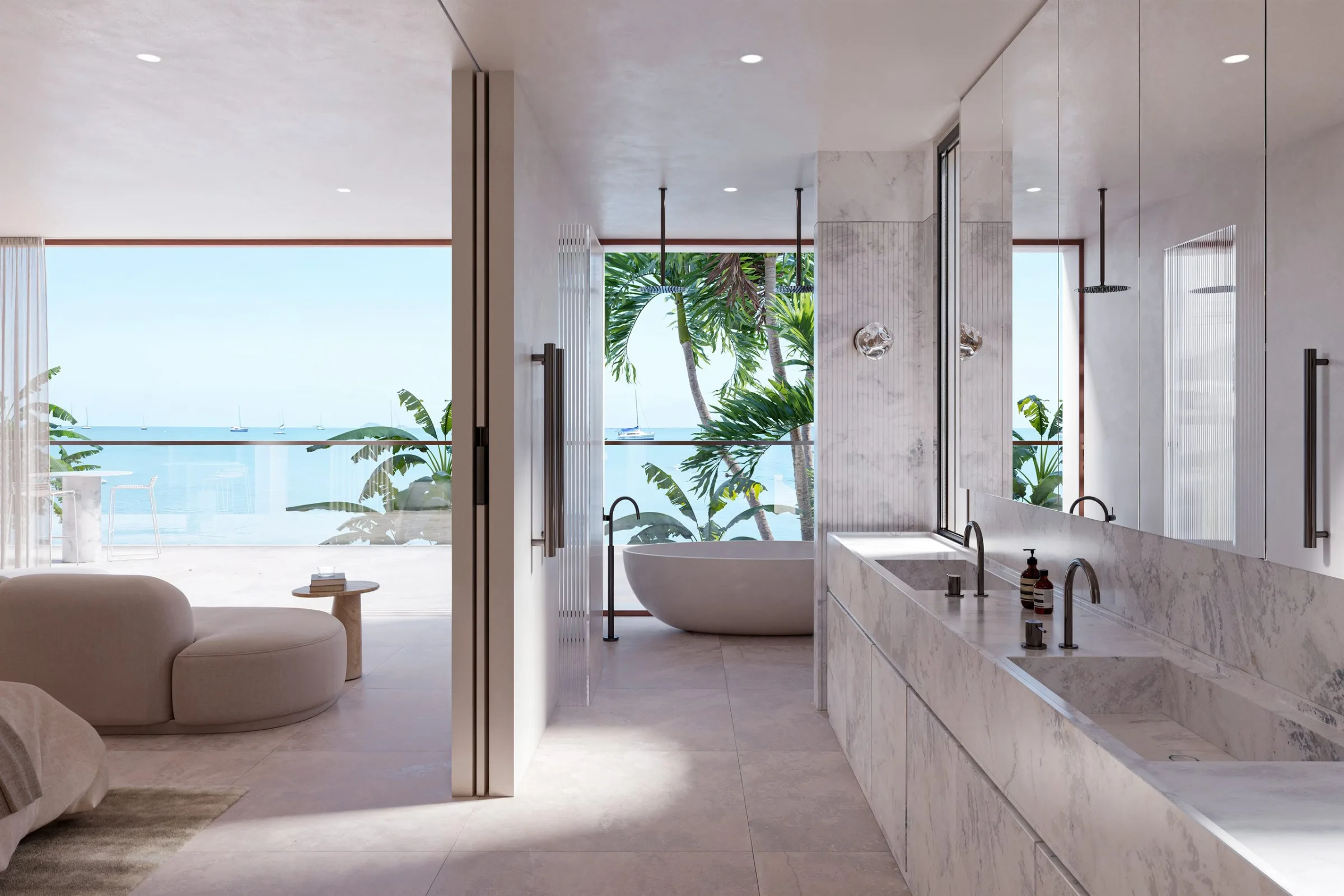Render of a bathroom with a freestanding bath and a sea view, Abell House