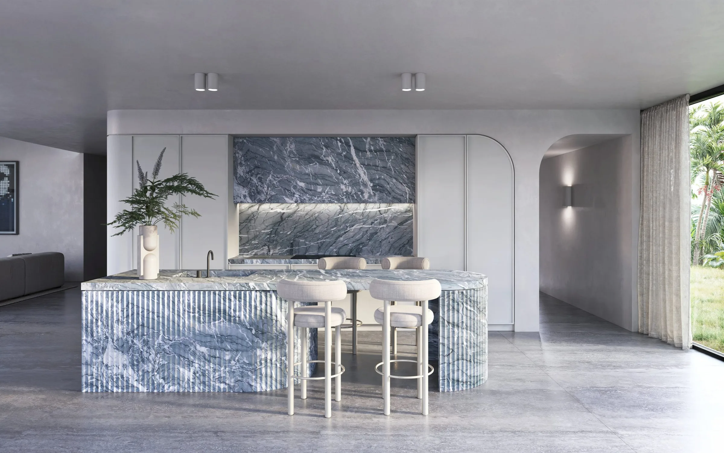 Render of a kitchen with a blue-grey marble island and splashback, Al Sufouh House