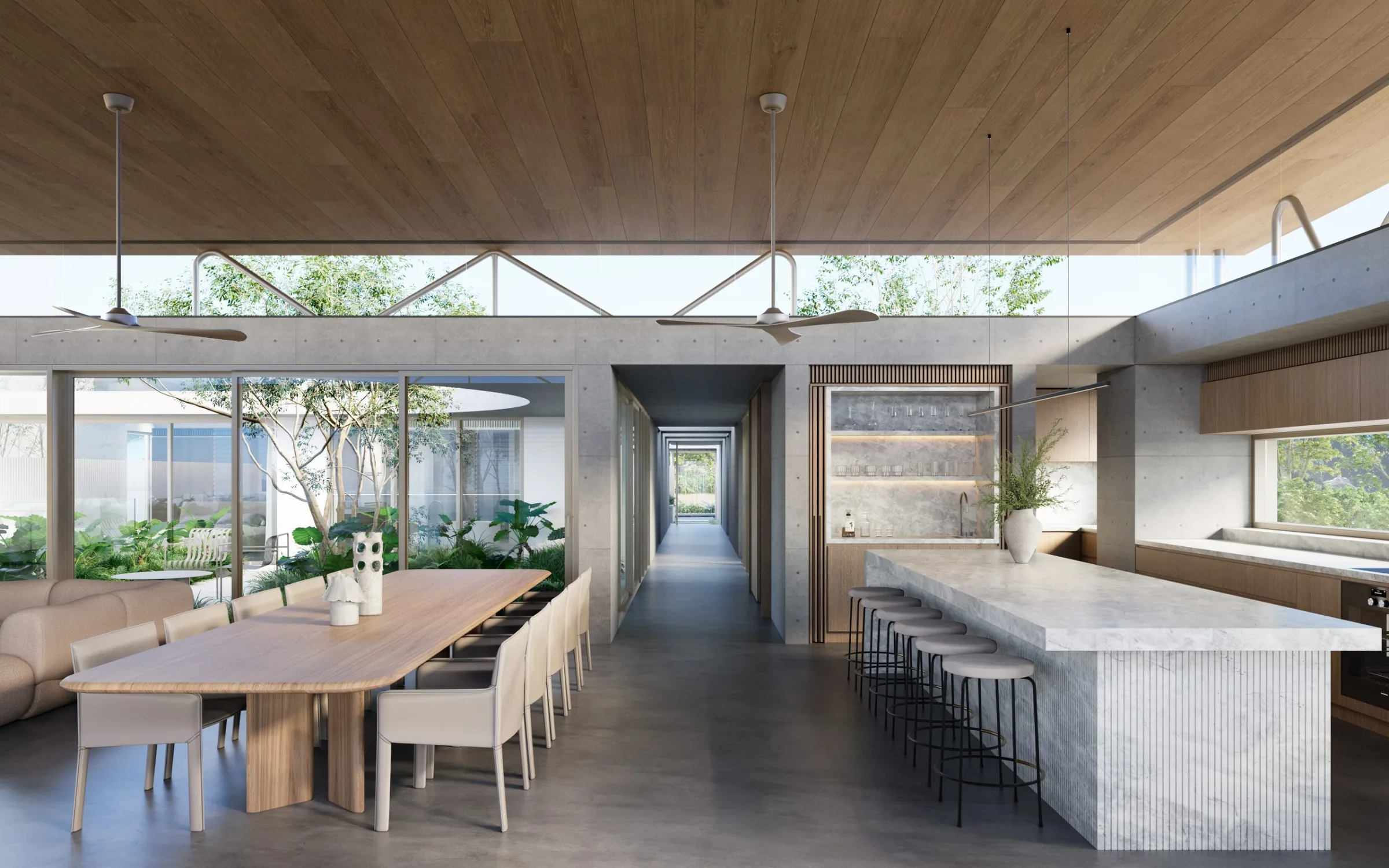 Render of an open kitchen and long dining table under a timber ceiling, Ancora House