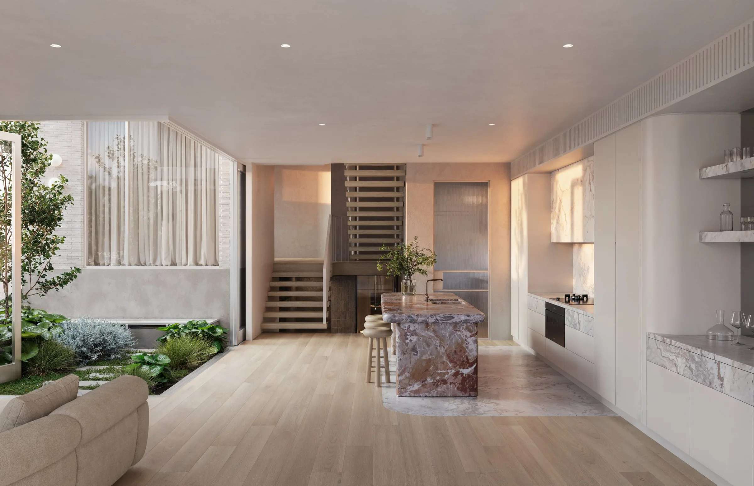 Render of an open kitchen and living space beside a planted courtyard, Bower House
