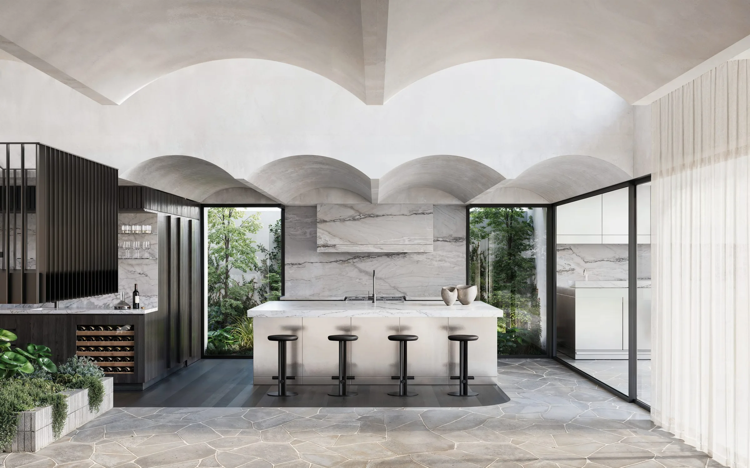 Render of a kitchen with a white island under a vaulted plaster ceiling, Bulimba Residence