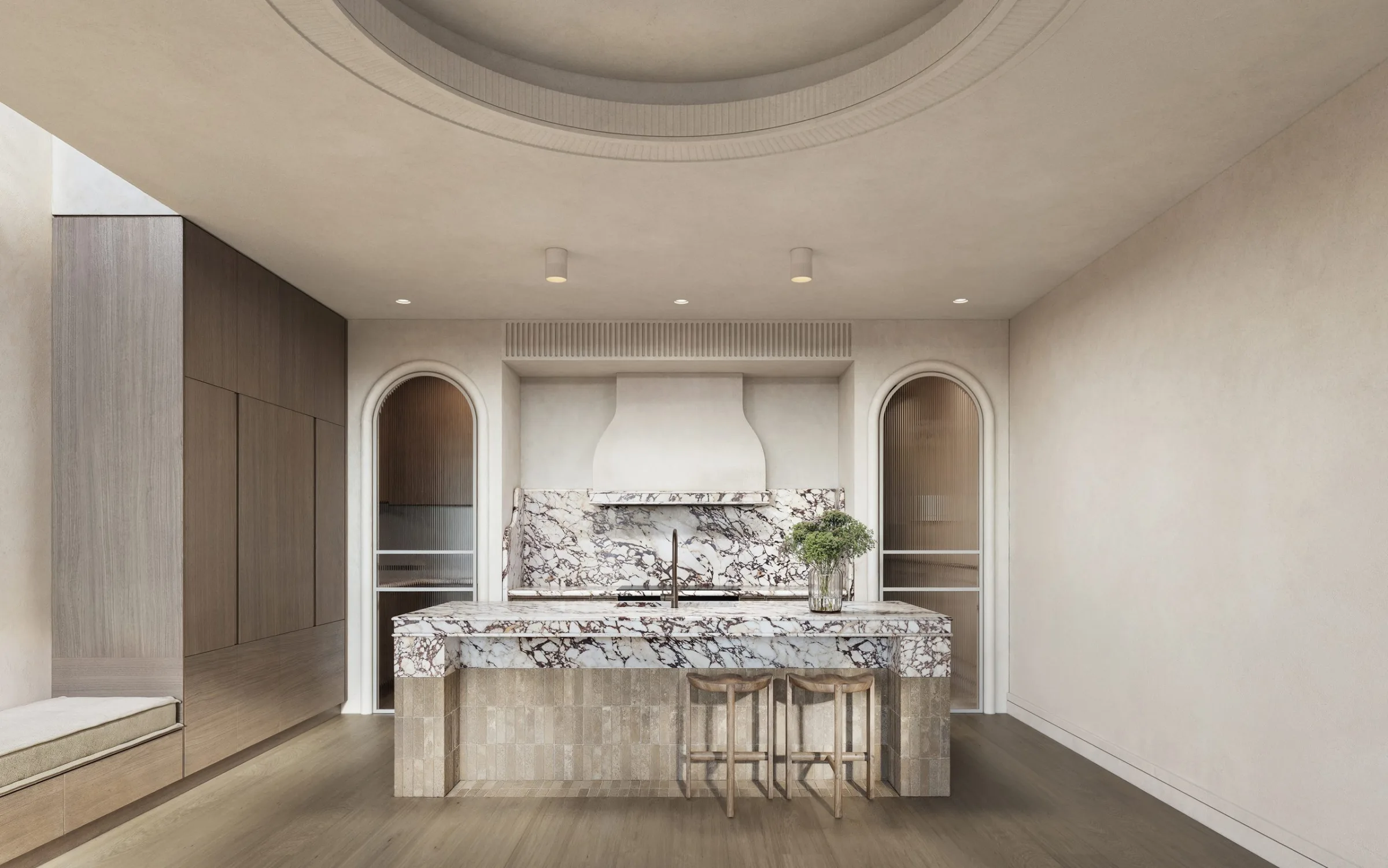 Render of a kitchen with a stone island between two arched niches, Evelina House