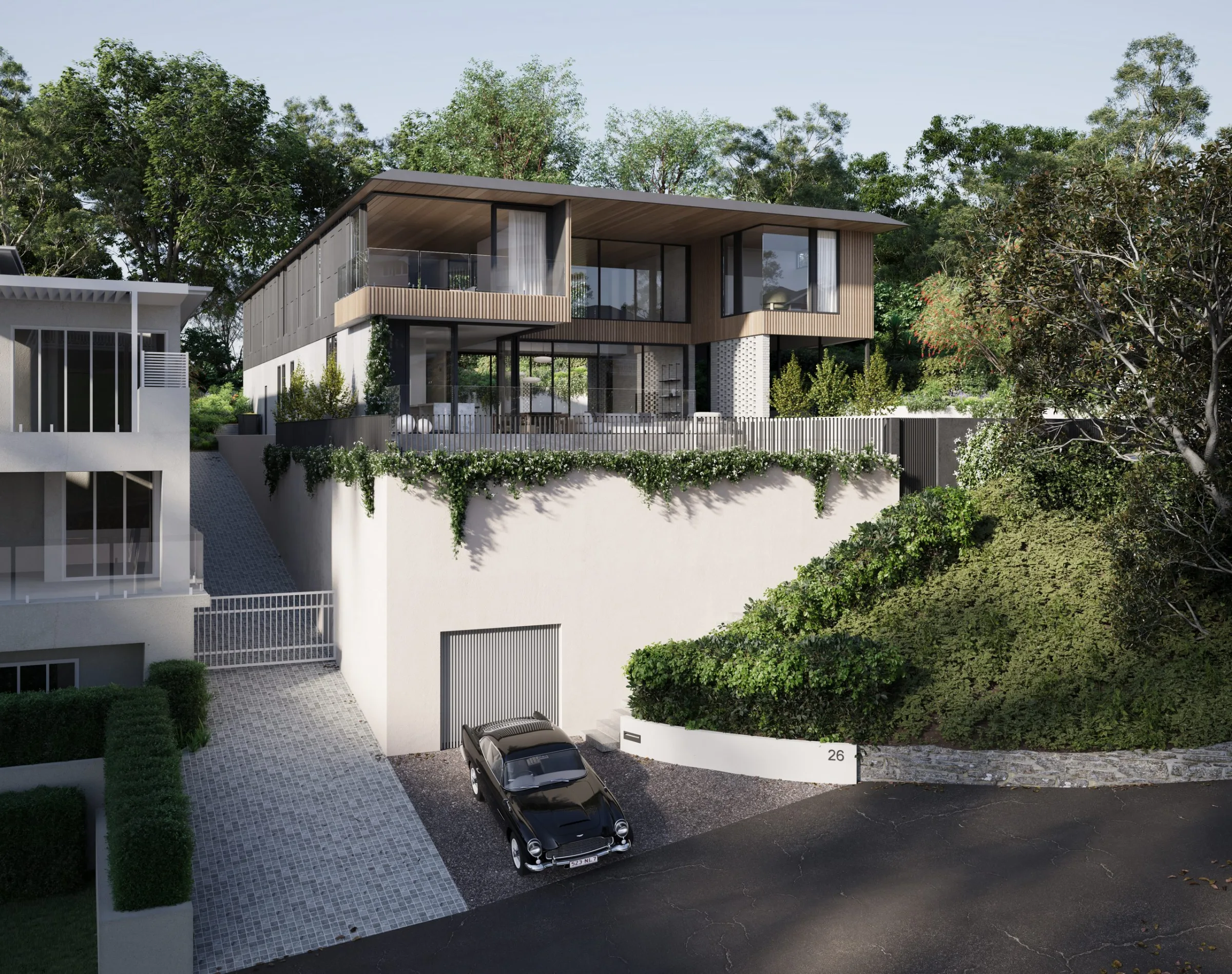Render of a two-storey house on a sloping street, Hamilton House
