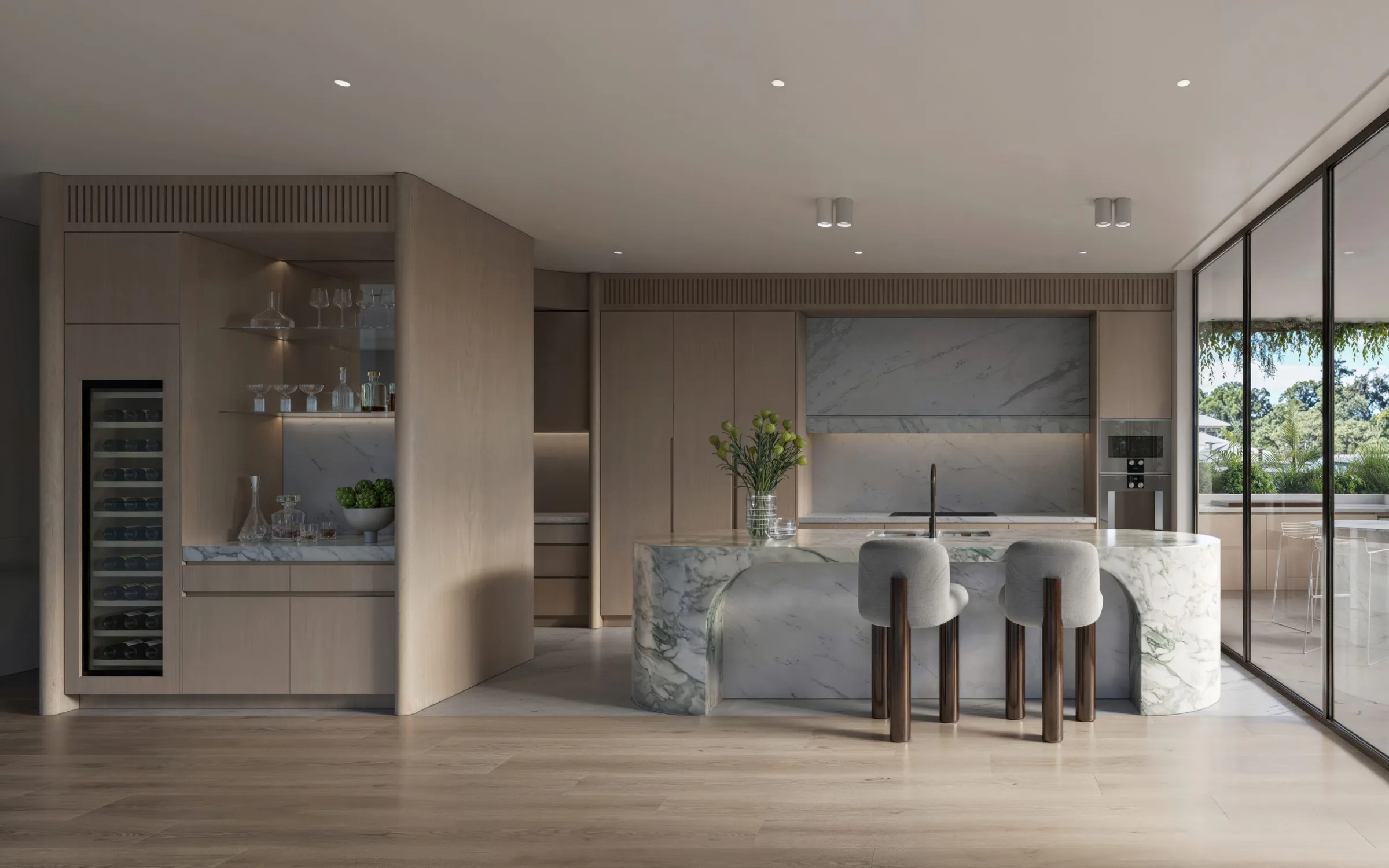 Render of a kitchen with a stone island and grey stools, Parc