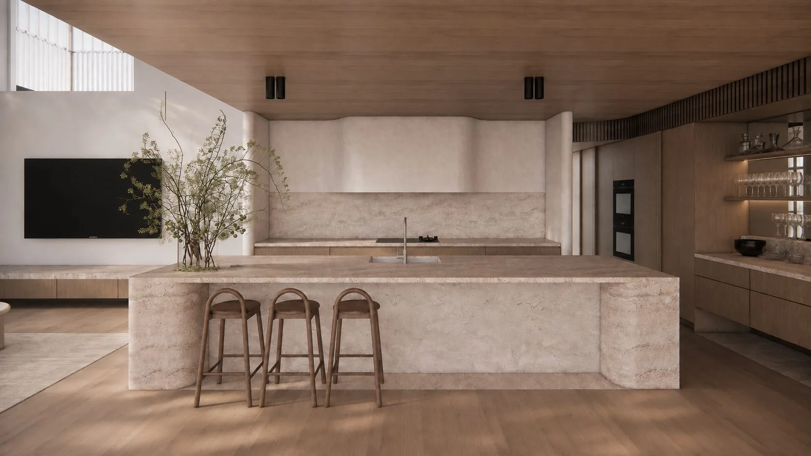 Render of a kitchen with a stone island and three timber stools, Seven Hills House